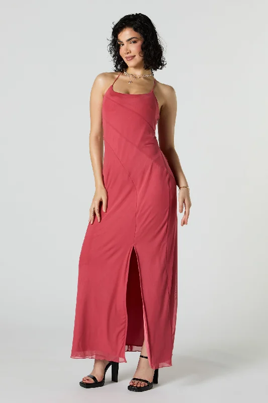 Mesh Overlay Scoop Neck Slit Maxi Dress