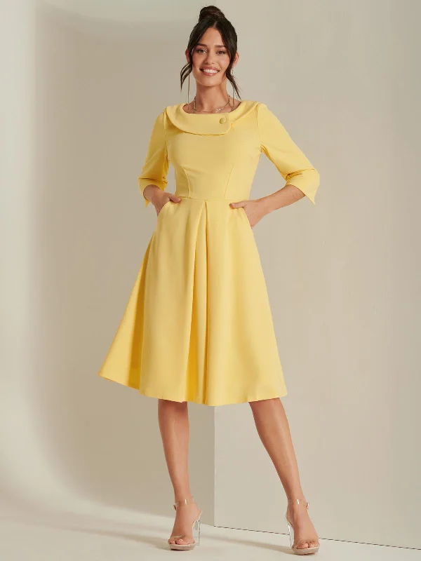 3/4 Sleeve Fold Neck Midi Dress, Light Yellow