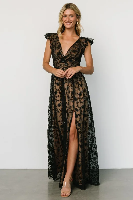 Alexa Embroidered Sequin Maxi Dress | Black + Nude