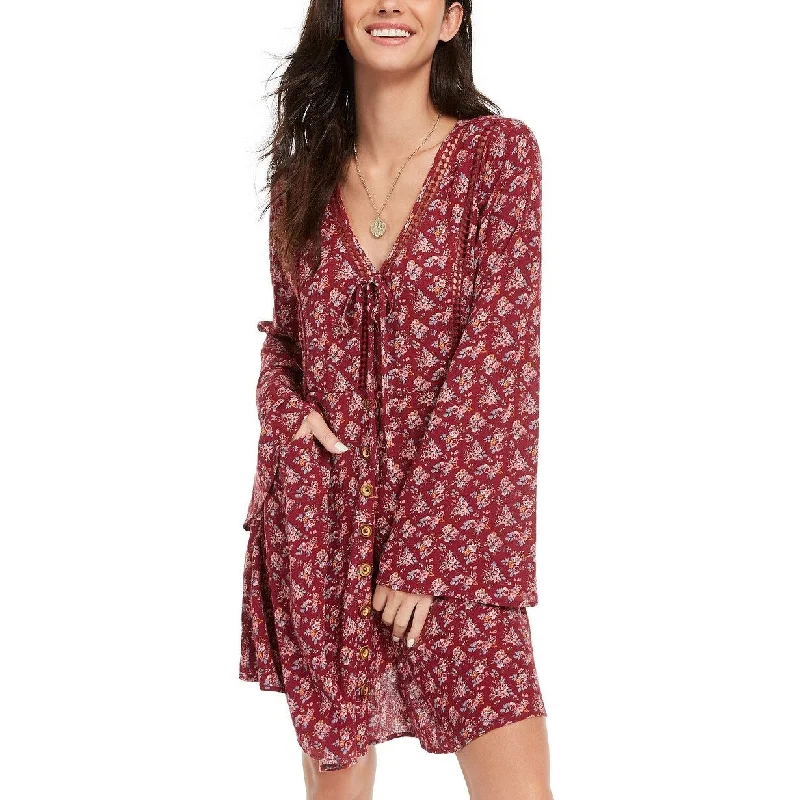 American Rag Juniors' Printed Bell-Sleeved Mini Dress Dark Red Size Medium