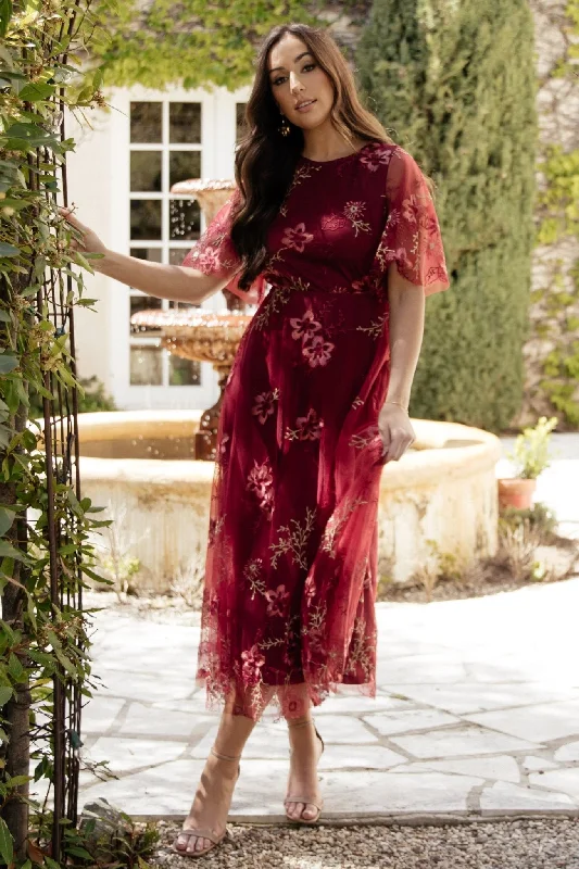 Arabella Embroidered Tulle Maxi Dress | Burgundy Floral