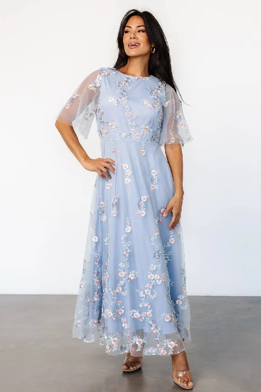 Arabella Embroidered Tulle Maxi Dress | Light Blue + Blush