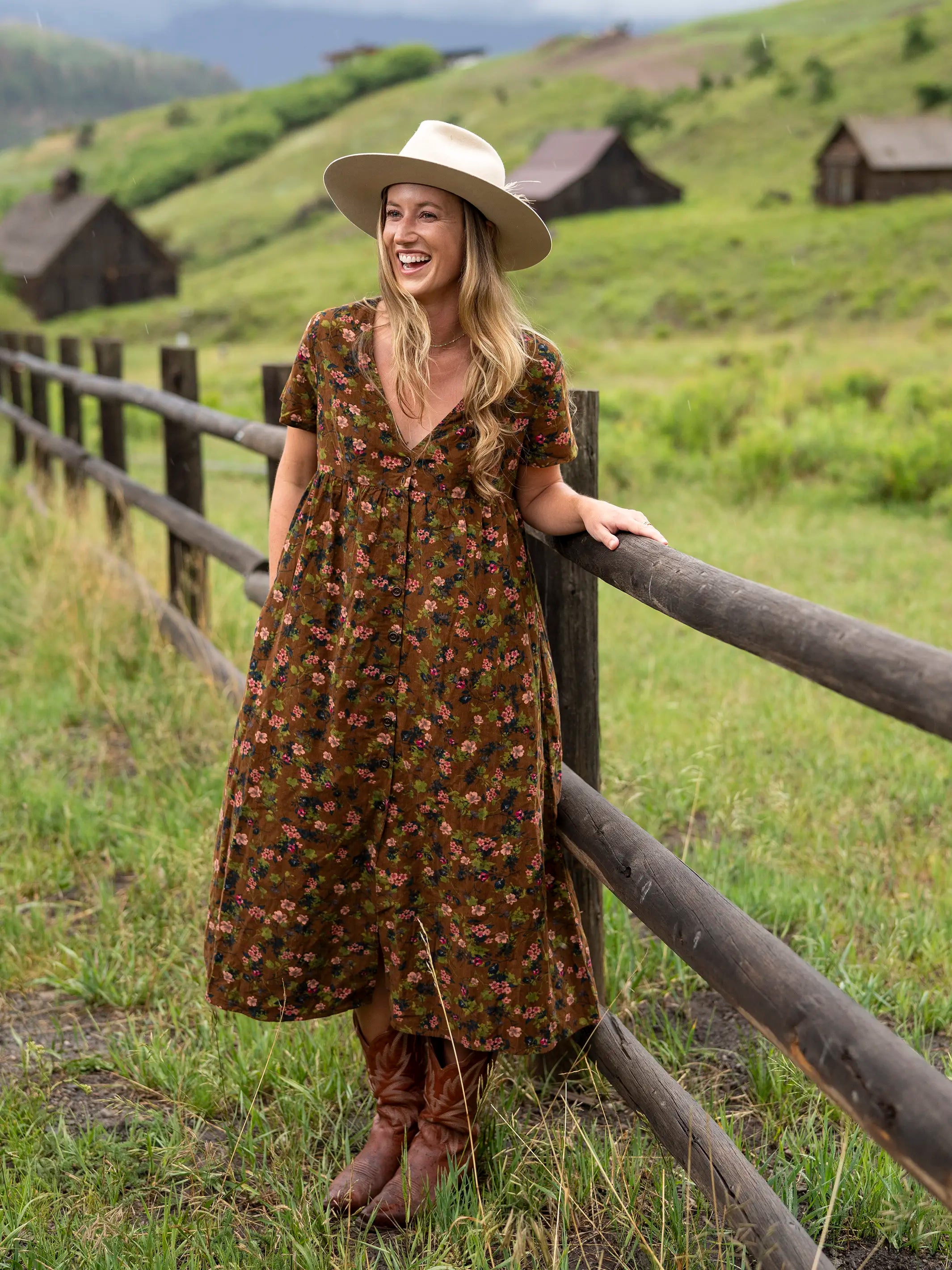 Avery Corduroy Midi Dress - Brown Green Bouquets Floral