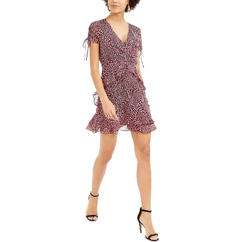 Bar III Women's Printed Ruffled Mini Dress Dark Red Size 6