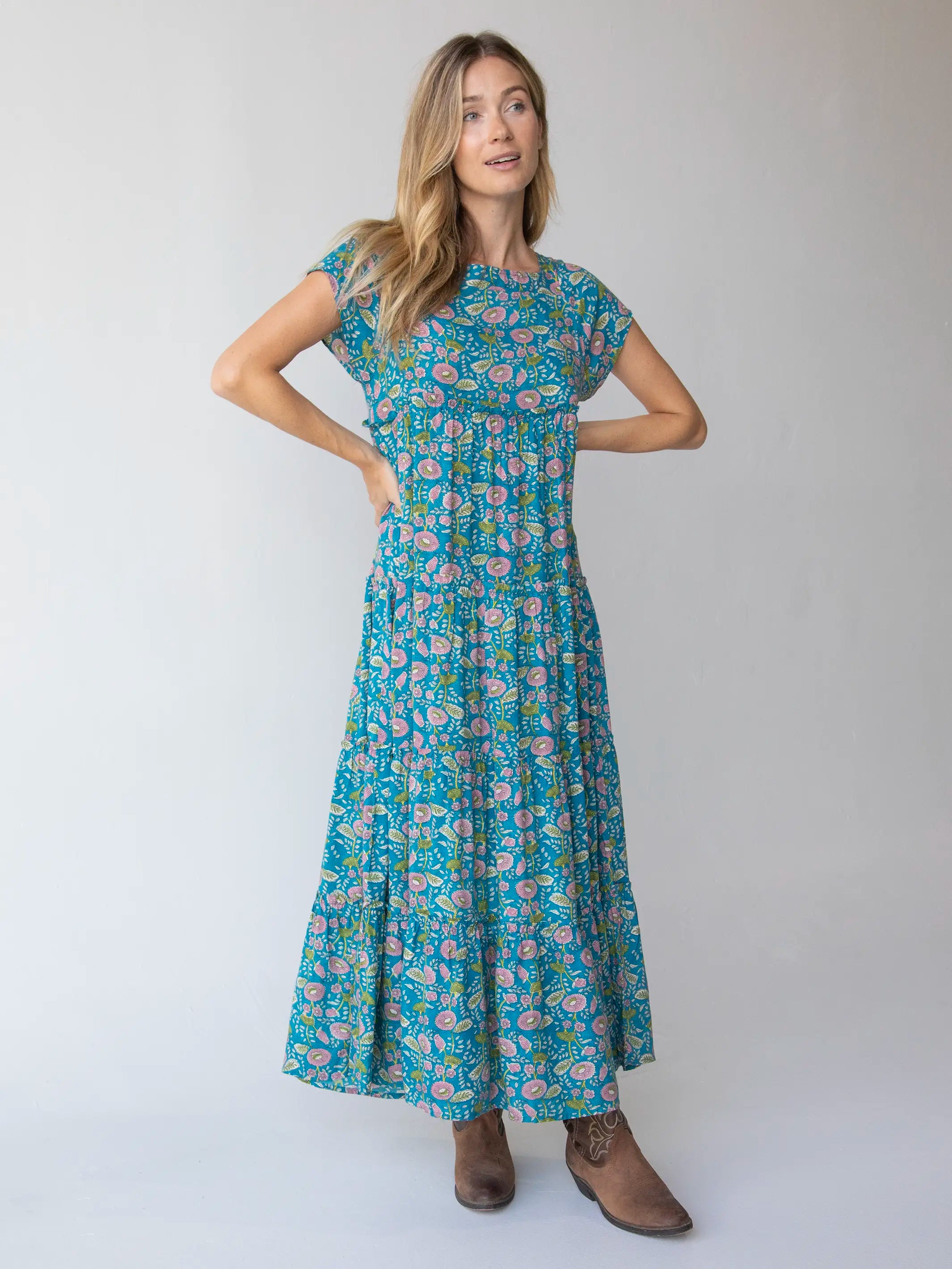 Berkley Maxi Dress - Blue Pink Floral Vines