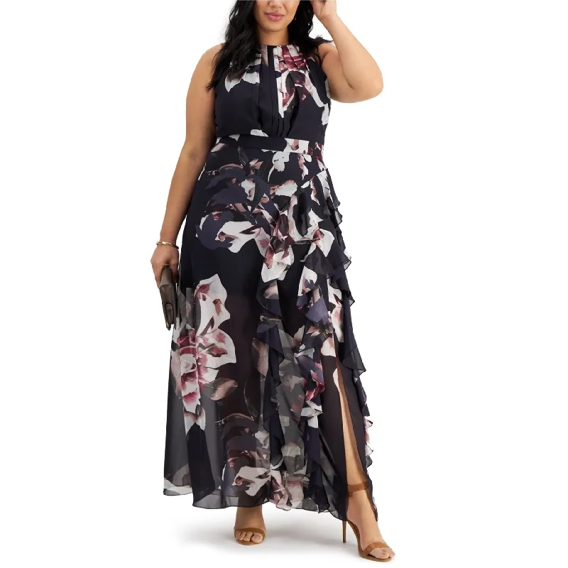 Betsy & Adam Womens Ruffled Chiffon Print Maxi Dress