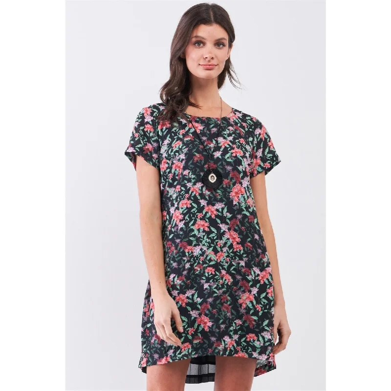 Black Multicolor Floral Print Mini Dress with Pleated Back Detail