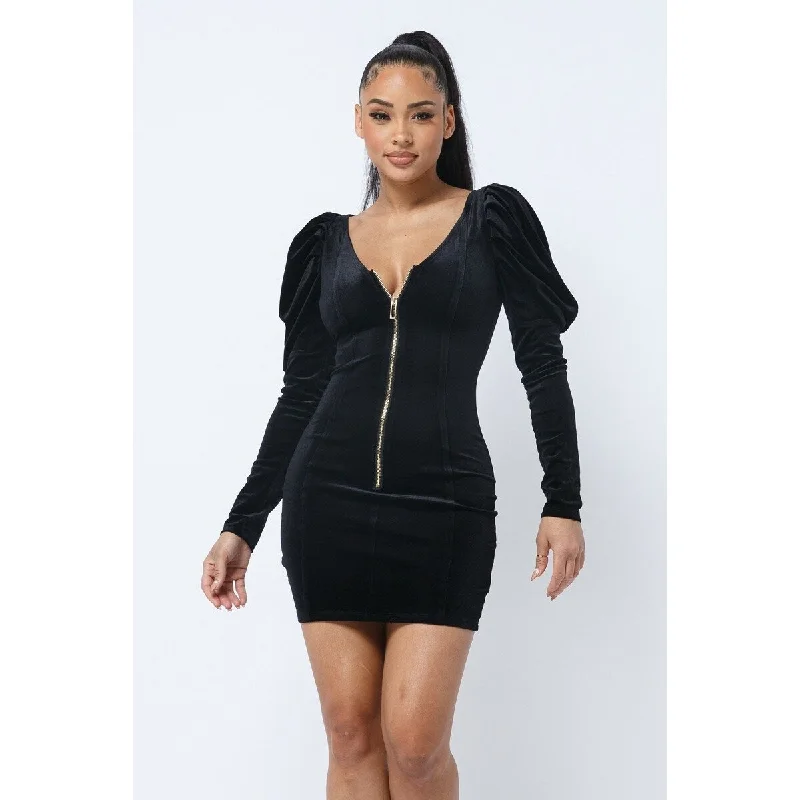 Black Soft Velvet Pleated Puff Sleeve Mini Dress with Low V-neck Front and Back