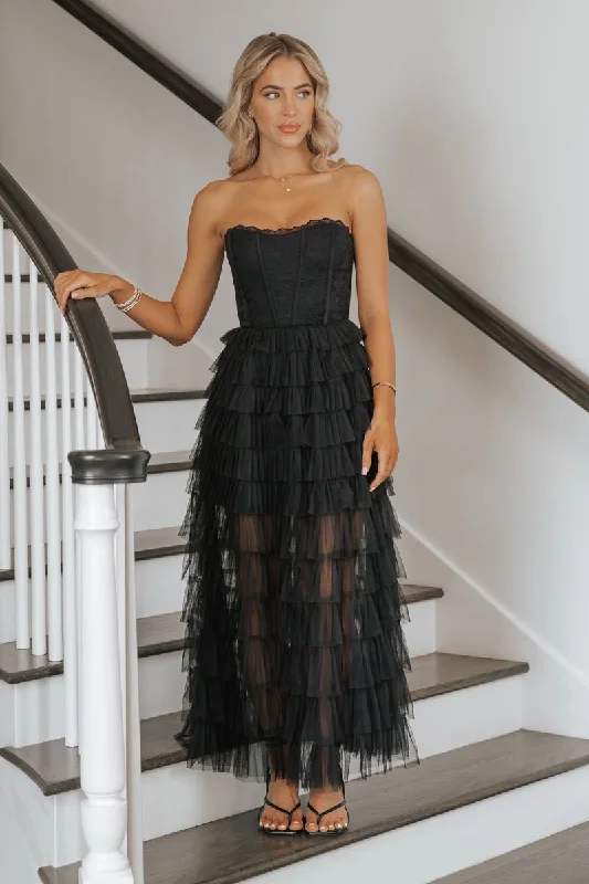 Black Tulle Lace Tiered Corset Maxi Dress - FINAL SALE