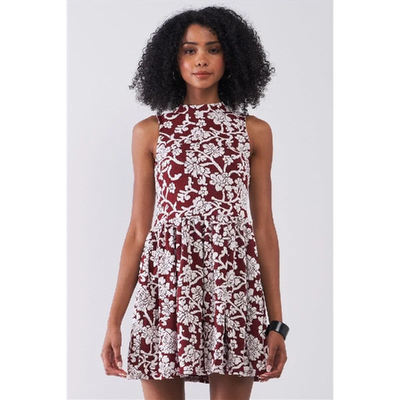 Burgundy Floral Fitted Mini Dress with Crew Neck Sleeveless