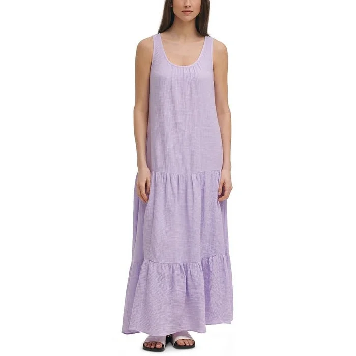 Calvin Klein Women's Gauze Tiered Maxi Dress Purple Size Medium