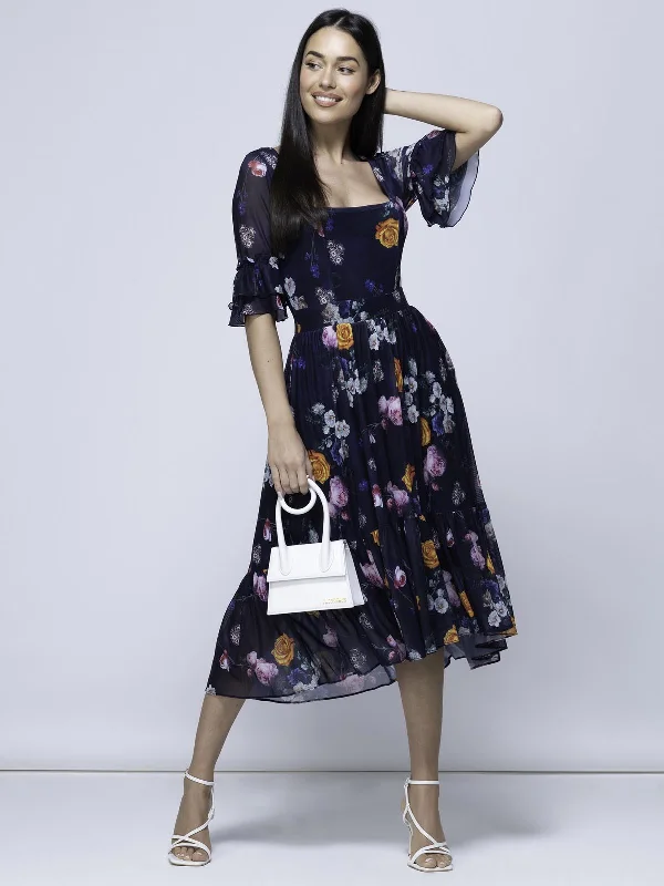 Carlene Mesh Square Neck Midi Dress, Navy Orange Floral