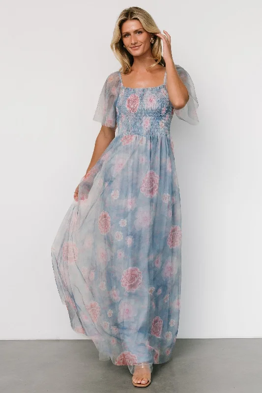 Cassandra Tulle Maxi Dress | Light Blue + Pink Floral