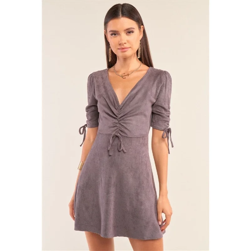 Charcoal Polyester Mini Dress with V-Neck Gathered Detail Tight Fit