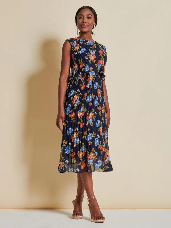 Chiffon Pleated Overlay Midi Dress, Navy Orange Floral