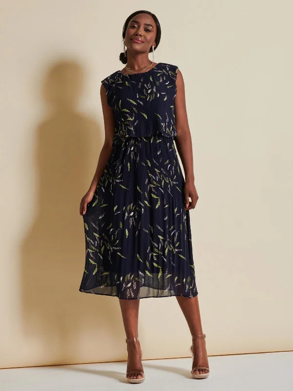 Chiffon Pleated Overlay Midi Dress, Navy Leafy