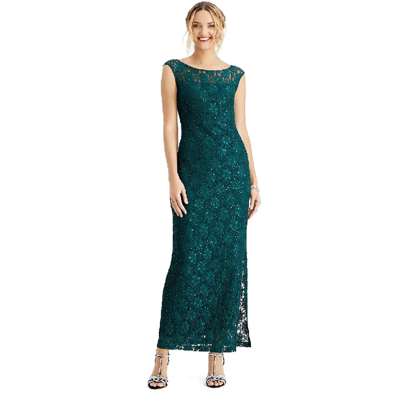 Connected Women's Embroidered Rhinestone Slit Floral Sleeveless Cowl Neck Maxi Sheath Evening Dress Green Size 6