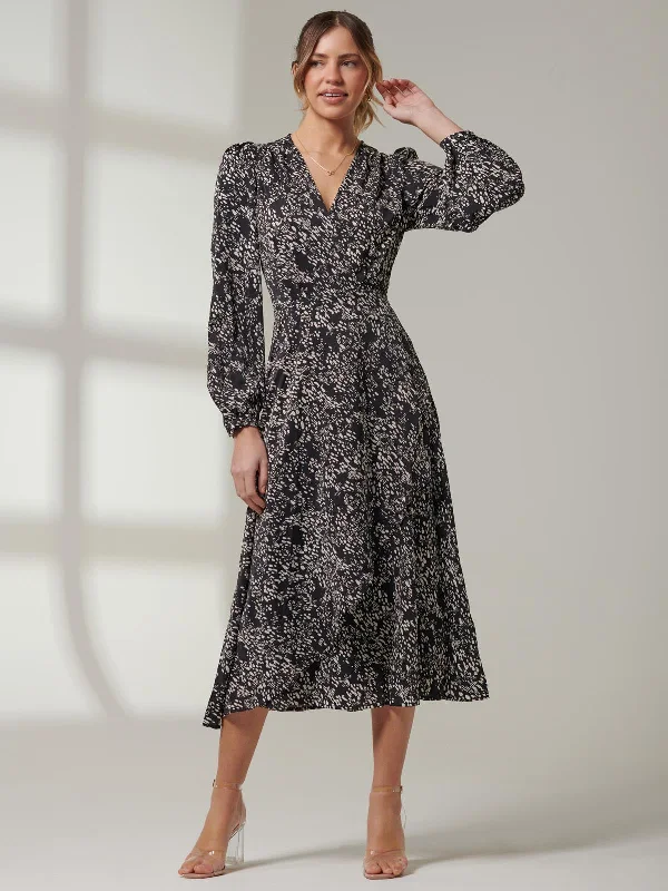 Crepe Wrap Long Sleeve Midi Dress, Black Spot