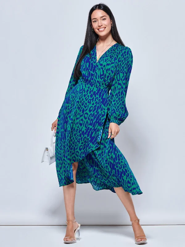 Crepe Wrap Long Sleeve Midi Dress, Green Animal