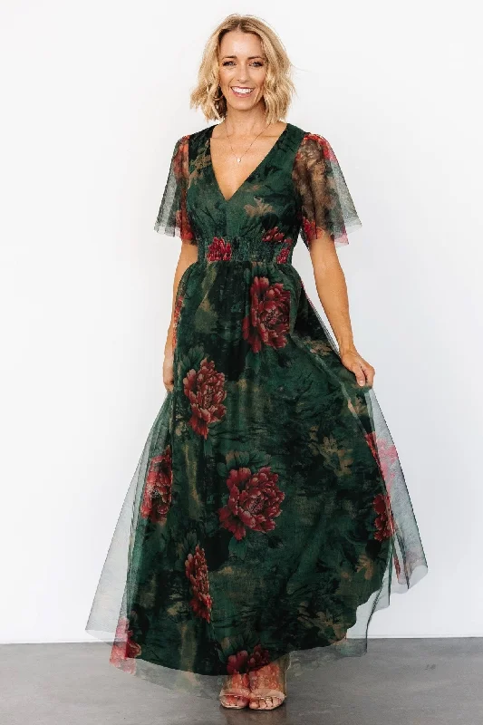 Cressida Tulle Maxi Dress | Dark Green + Red Floral