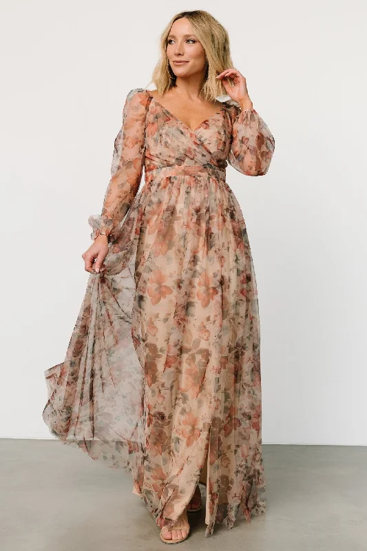 Desiree Tulle Maxi Dress | Taupe Floral