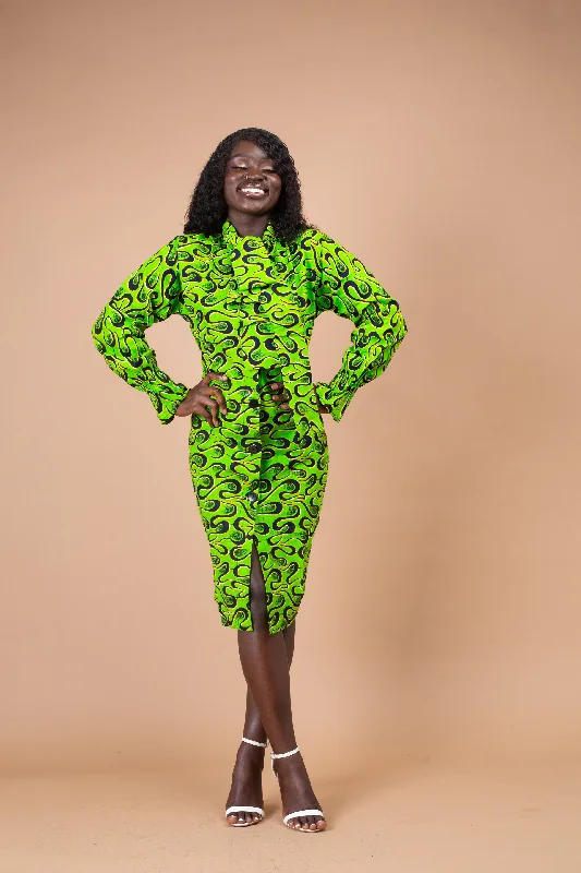 Effiong Ankara Button Down Shirt Dress | Green African Print