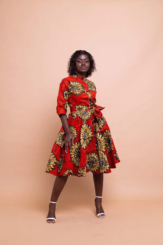 Ella Ankara Button Down Shirt Dress | Red African Print