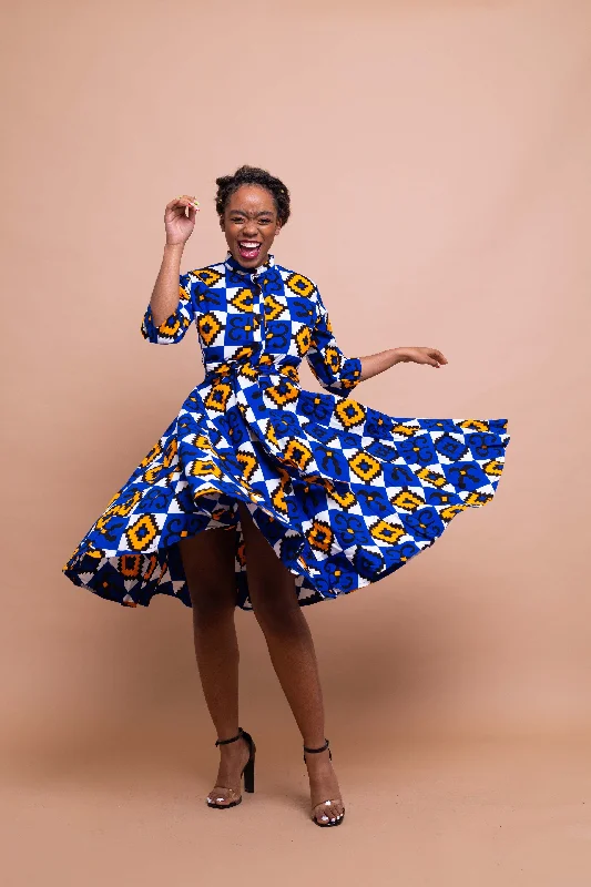 Emilia Ankara Button Down Shirt Dress | Blue African Print