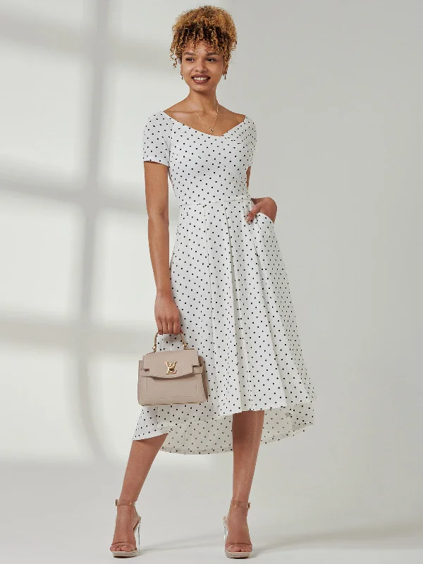 Fit & Flare Pleated Ponte Midi Dress, White Polka Dot