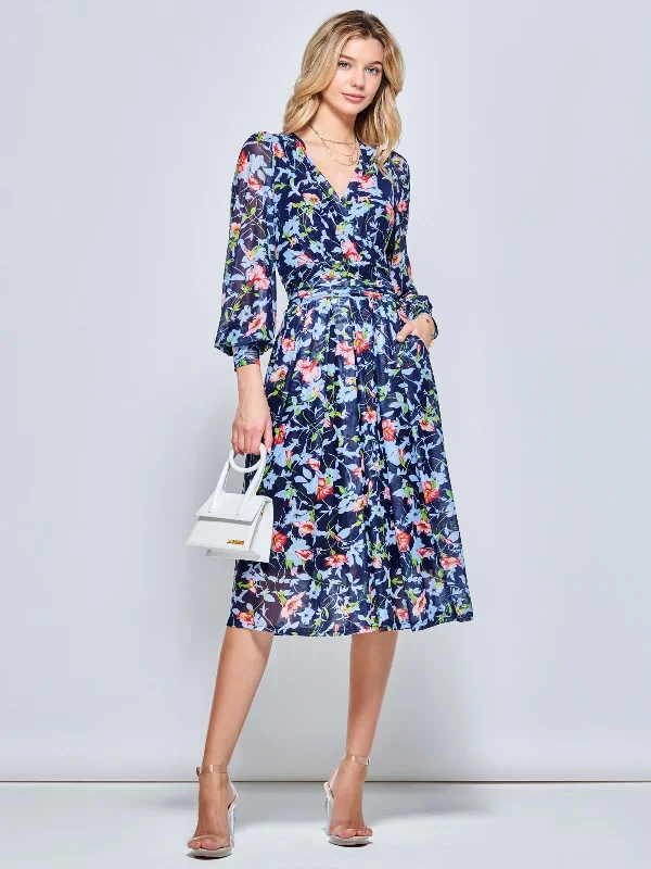 Floral Long Sleeve Mesh Midi Dress, Navy Floral