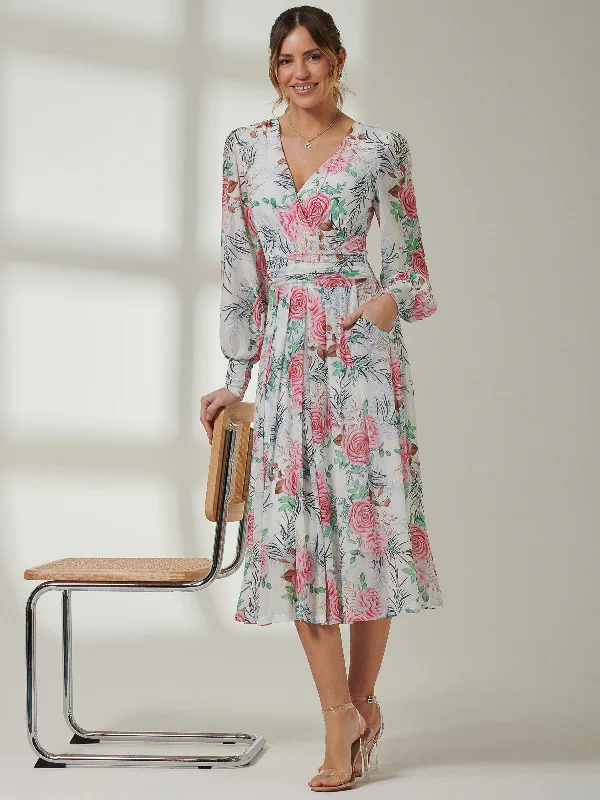 Floral Print Long Sleeve Mesh Midi Dress, White Floral