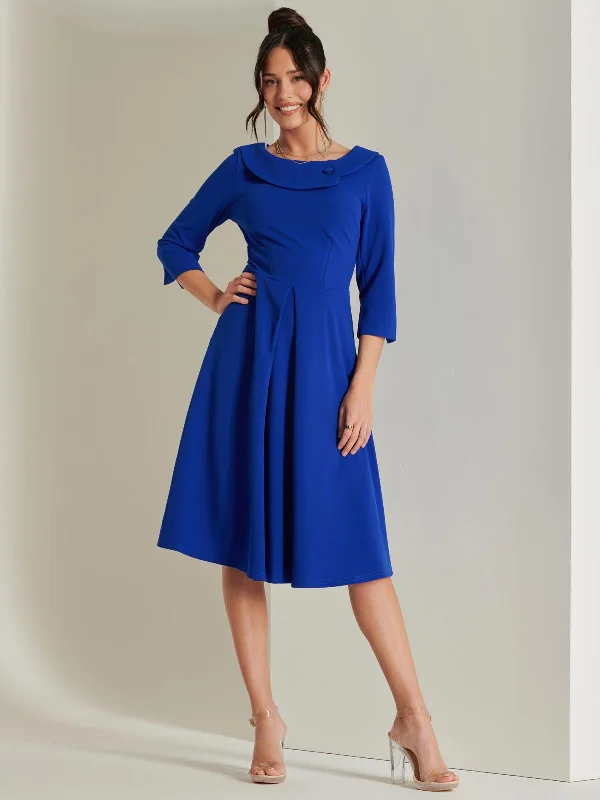 Fold Neckline Sleeved Midi Dress, Royal Blue