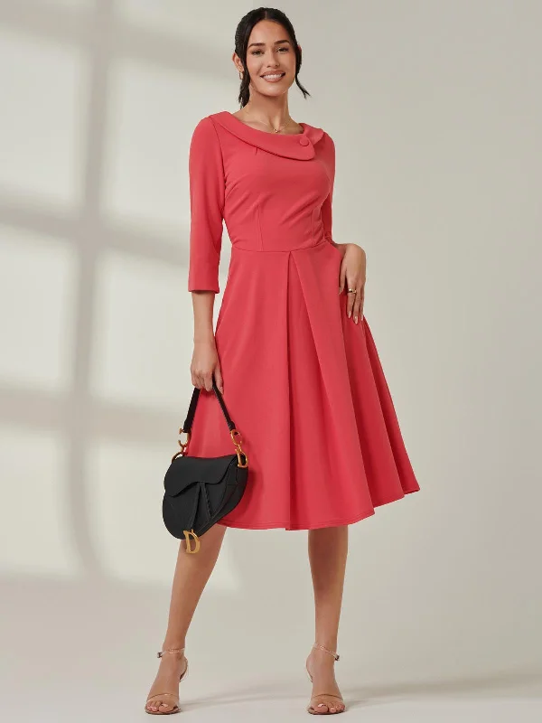 Fold Neckline Sleeved Midi Dress, Watermelon