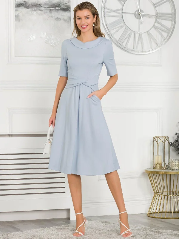 Jolie Moi Fold Over Fit and Flare Midi Dress, Dusky Blue