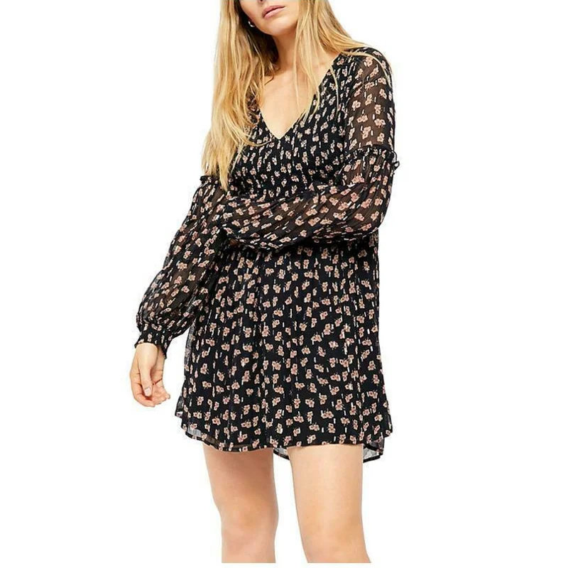 Free People Women's Maria Smocked Floral Mini Dress Dark Blue Size Medium