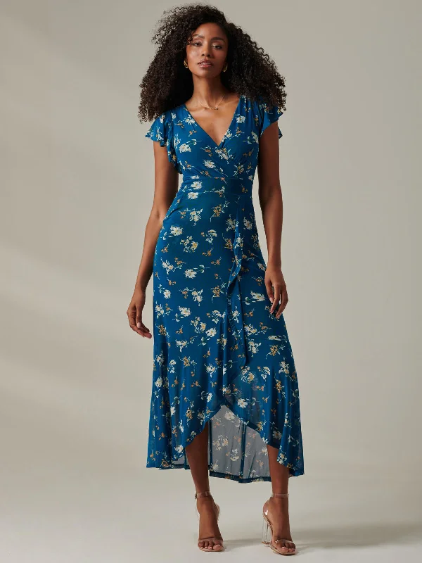 Heleyna Ruffle Hem Mesh Maxi Dress, Teal Floral