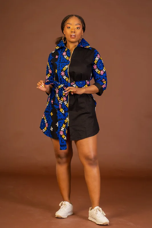 Jenna Ankara Short Shirt Dress | Blue and Pink African Print