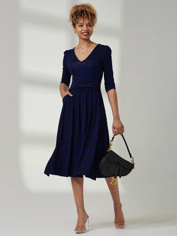 Jolie Moi Delylah V Neck Midi Dress, Blue Leopard