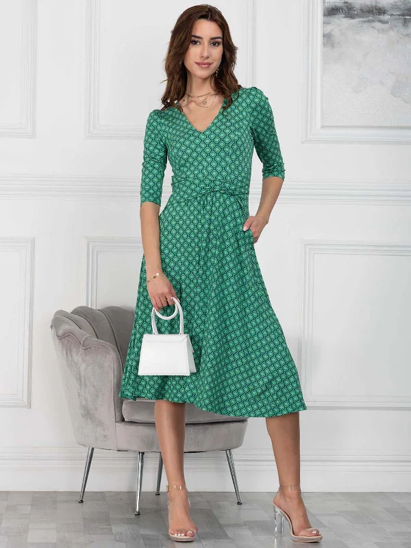 Jolie Moi Delylah V Neck Midi Dress, Green Geo