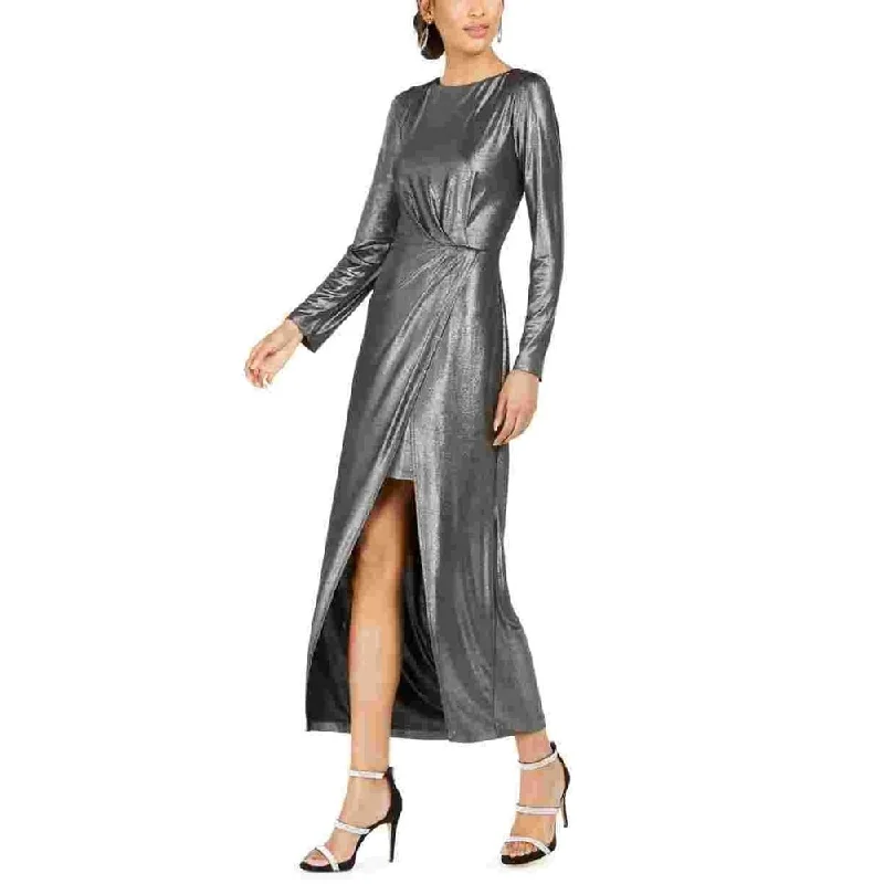 Julia Jordan Women's Front Slit Long Sleeve Knit Maxi Dress Metallic Silver Size 14