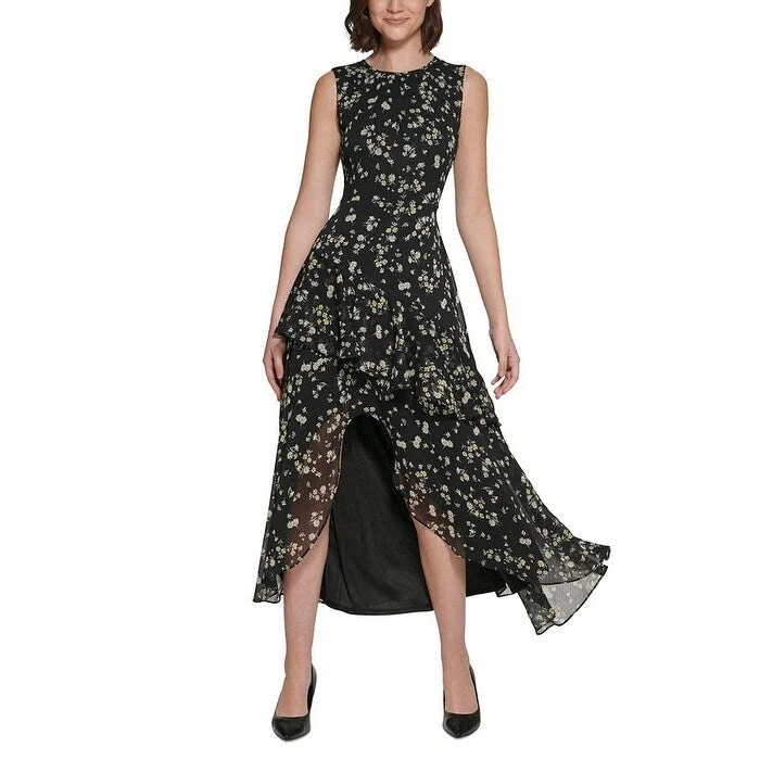 Karl Lagerfeld Paris Women's Floral Print Ruffled Maxi Dress Black Size 0