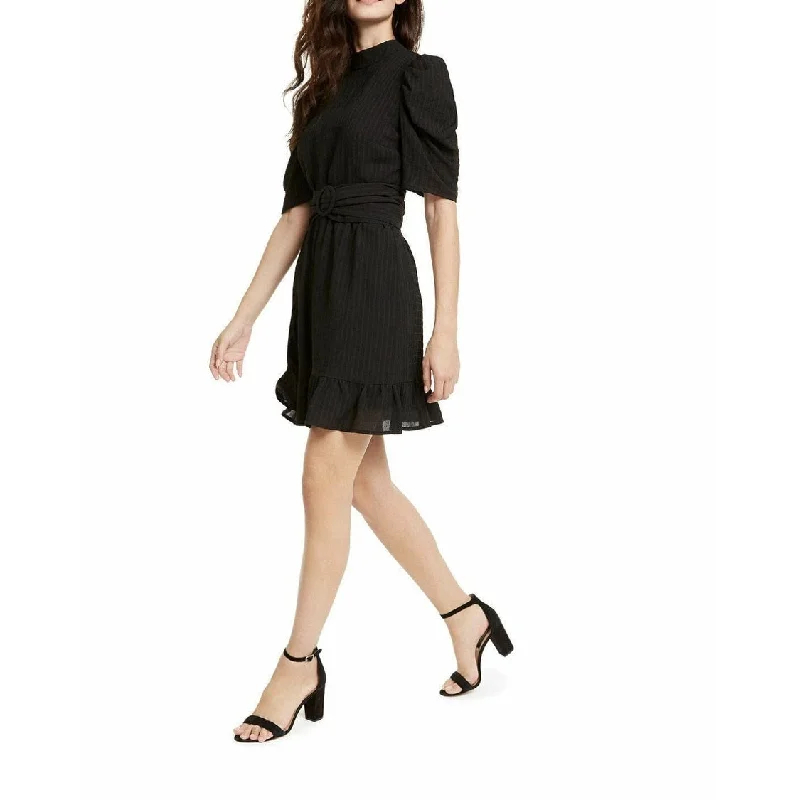 Leyden Women's Puff-Sleeve Belted Mini Dress Black Size M