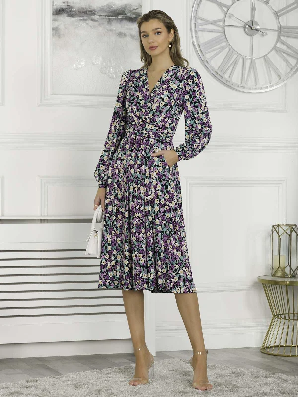 Libby Long Sleeve Midi Dress, Purple Floral