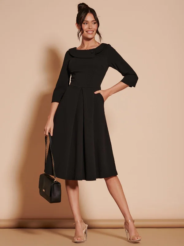 3/4 Sleeve Fold Neck Midi Dress, Black