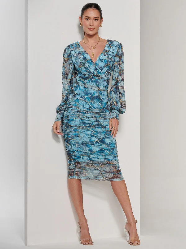 Long Sleeve Ruched Mesh Midi Dress, Blue Abstract