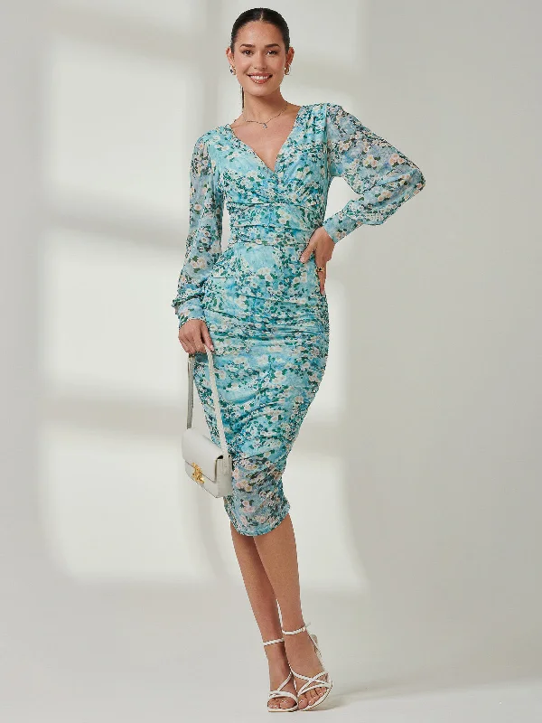 Long Sleeve Ruched Mesh Midi Dress, Green Floral