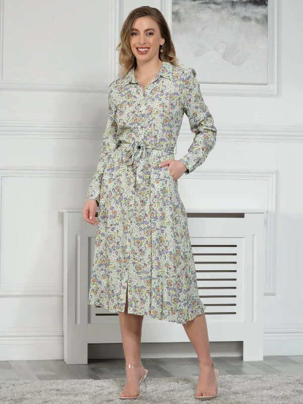 Sample Sale - Long Sleeve Shirt Midi Dress, Mint Floral