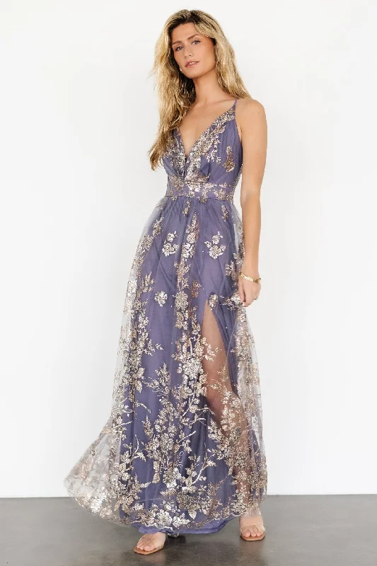 Lucienne Shimmer Maxi Gown | Blue + Gold