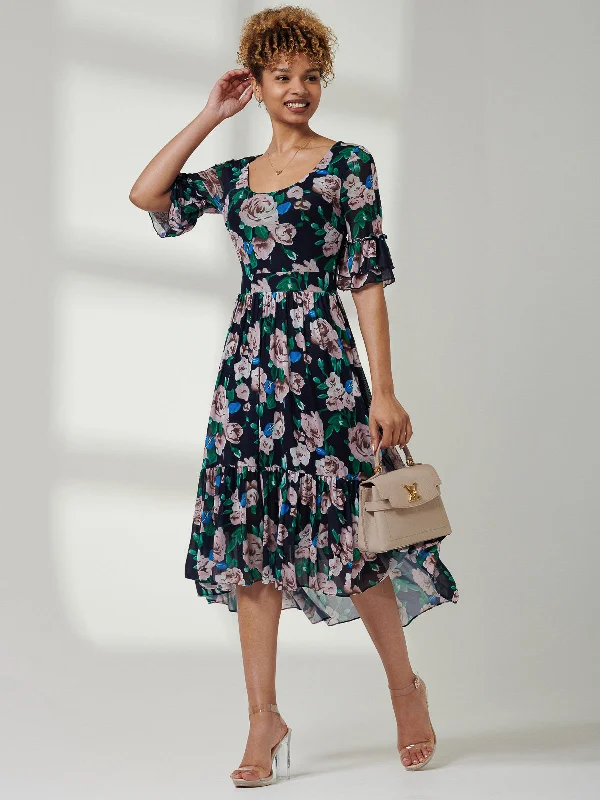 Maab Mesh Ruffle Sleeve Midi Dress, Navy Floral