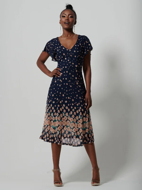 Mirrored Mesh Fit & Flare Midi Dress, Navy Floral